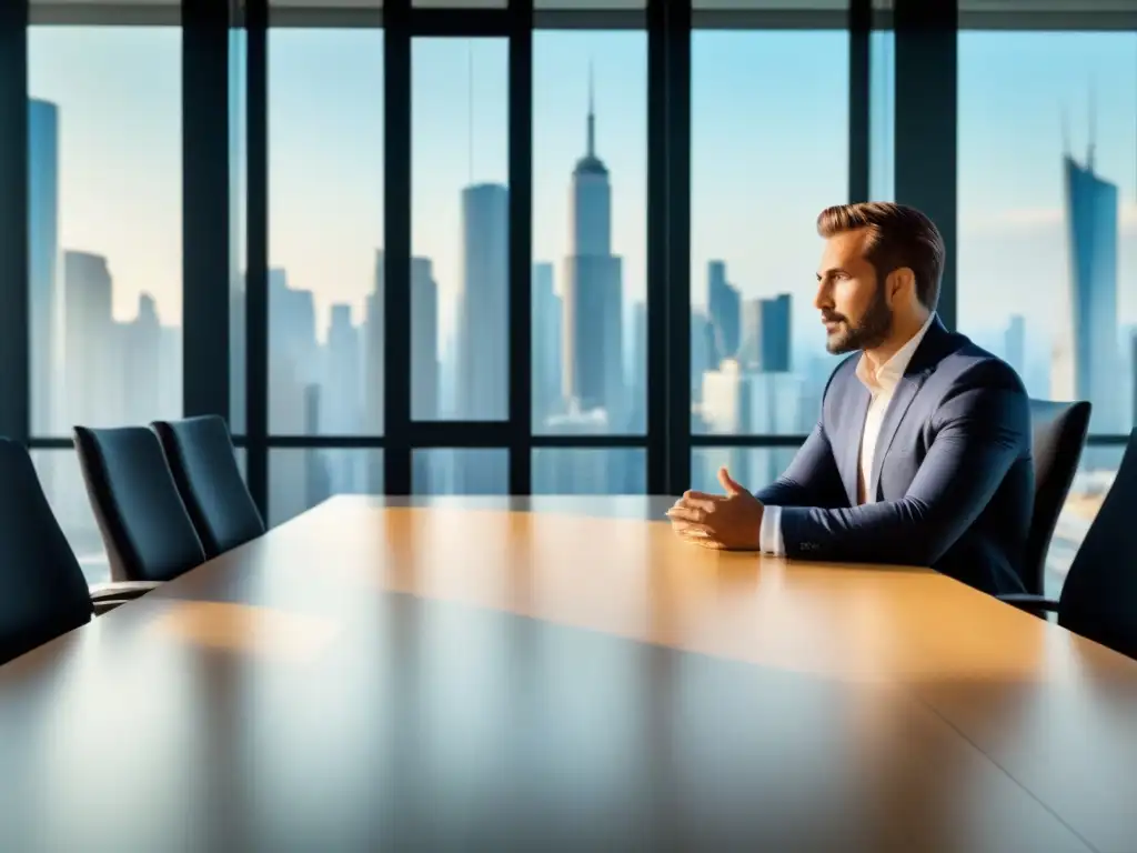 Una escena empresarial contemporánea donde un vendedor experto interactúa con clientes diversos en una oficina moderna