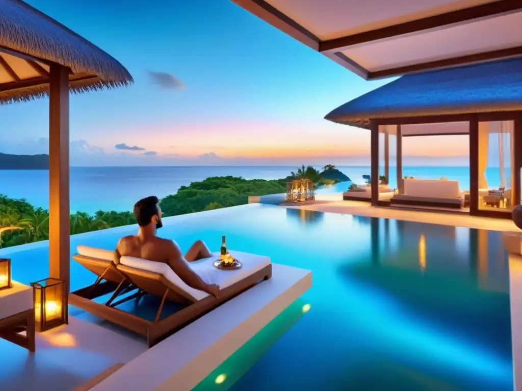 Resort de lujo al atardecer: exclusividad y romance junto al mar Una escena exclusiva y sofisticada de un resort frente al mar al atardecer, con villas lujosas, jardines tropicales y aguas turquesa