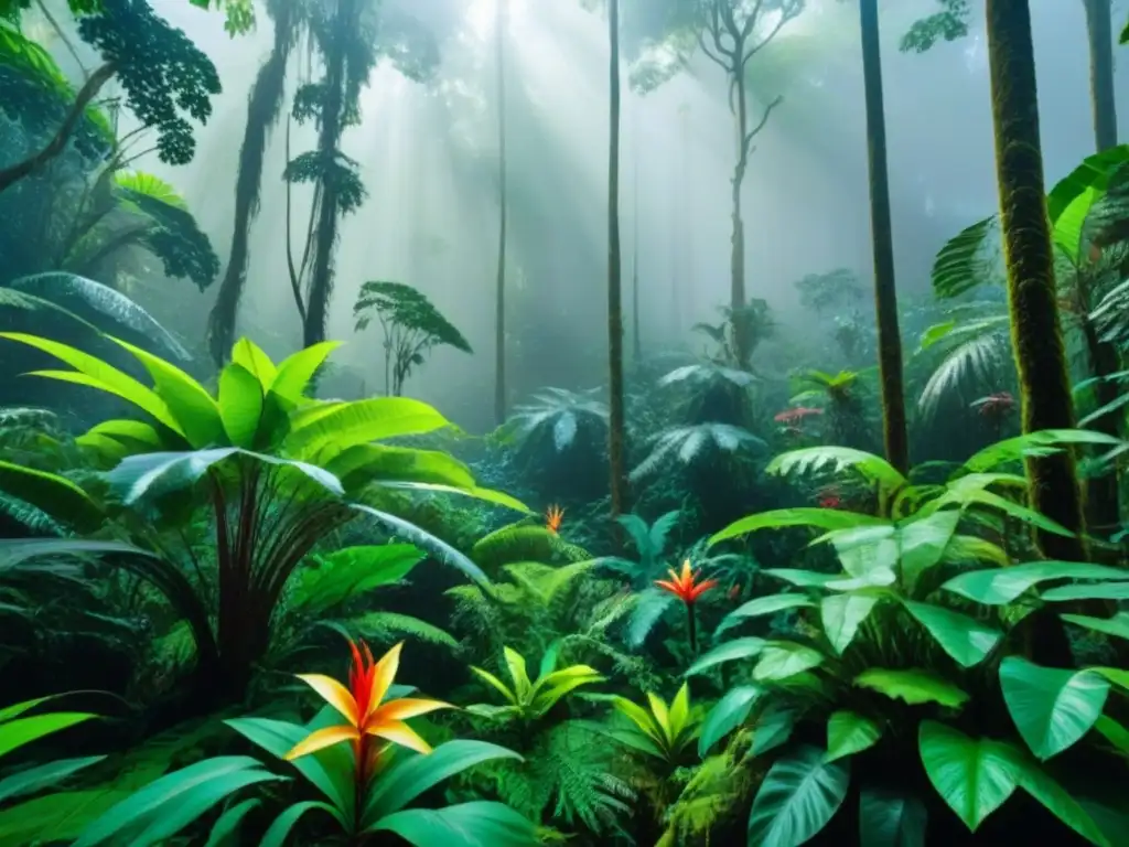 Exuberante biodiversidad tropical: flora, fauna y magia Escena exuberante de selva tropical, biodiversidad en su máximo esplendor