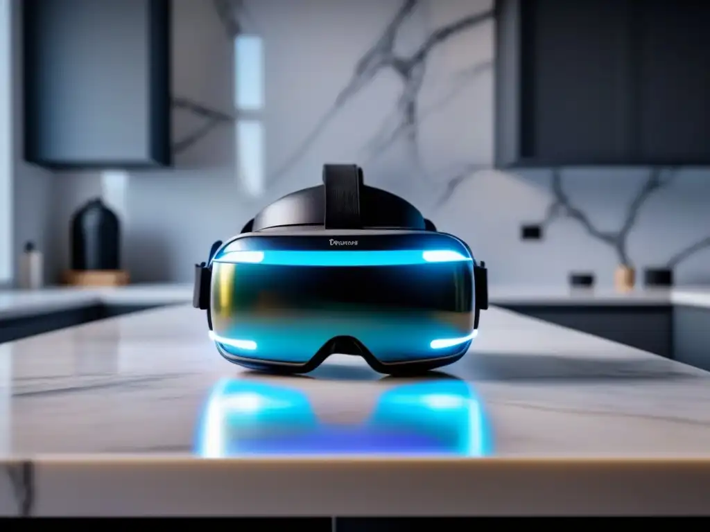 Innovación en realidad virtual para inspecciones de propiedades Una escena futurista con un auricular de realidad virtual sobre una encimera de mármol, rodeado de hologramas de planos de inspección de propiedades