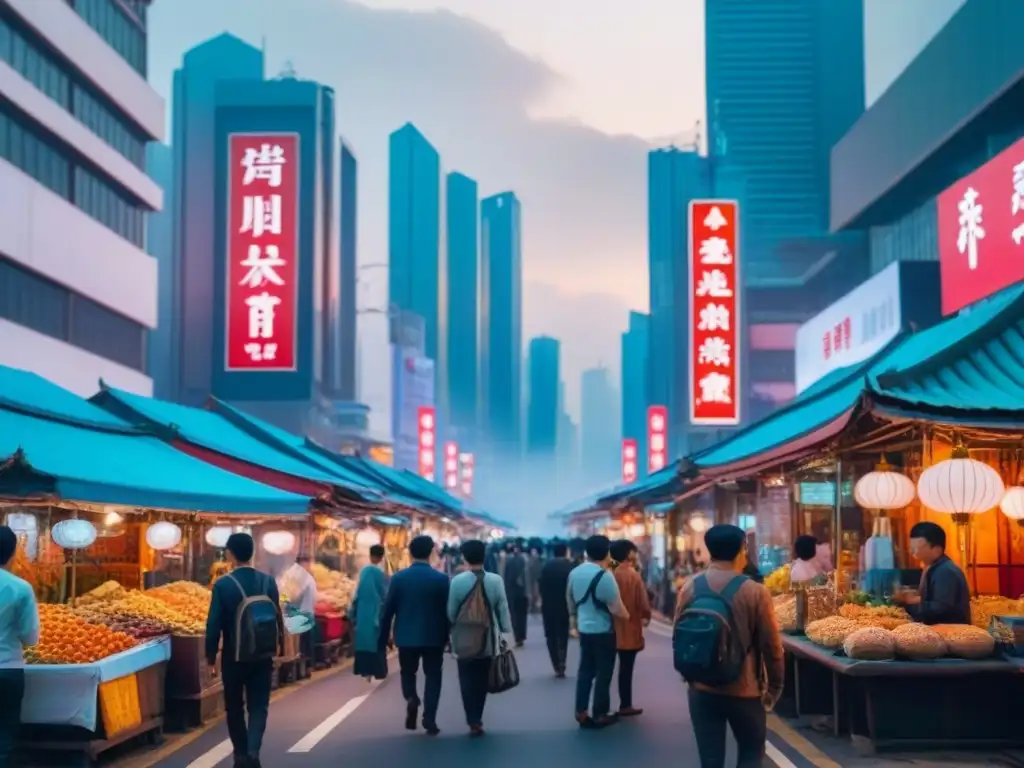 Mercado futurista en ciudad asiática: tradición y modernidad Escena futurista en una bulliciosa calle asiática, fusionando arquitectura tradicional y moderna