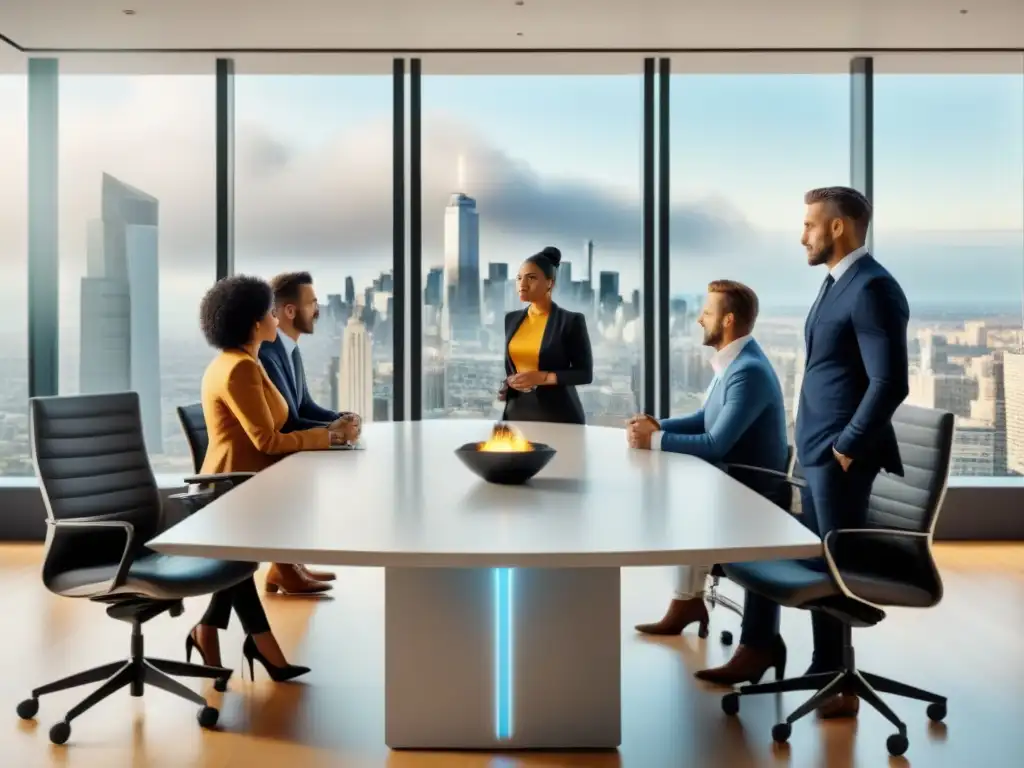 Reunión generacional en oficina moderna con vista urbana 8K Una escena futurista de colaboración intergeneracional en inversiones inmobiliarias internacionales para Baby Boomers