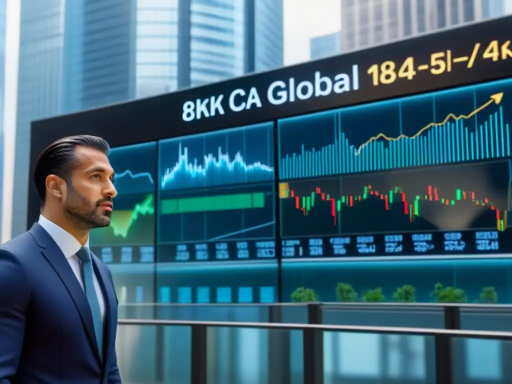 Distrito financiero global: economía en movimiento Escena futurista de un distrito financiero global con rascacielos reflejando símbolos de monedas en sus cristales