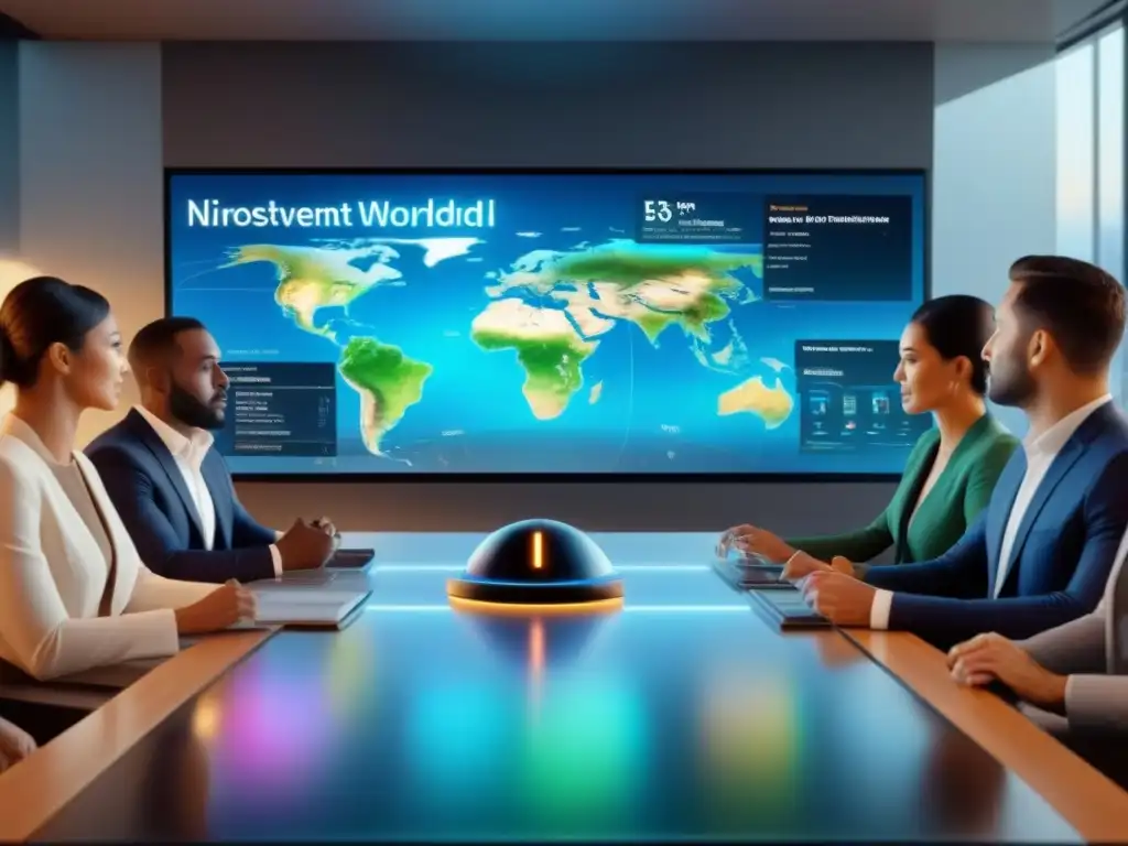 Una escena futurista de inversión global Crowdfunding inmobiliario con inversionistas emocionados y enfocados en datos holográficos