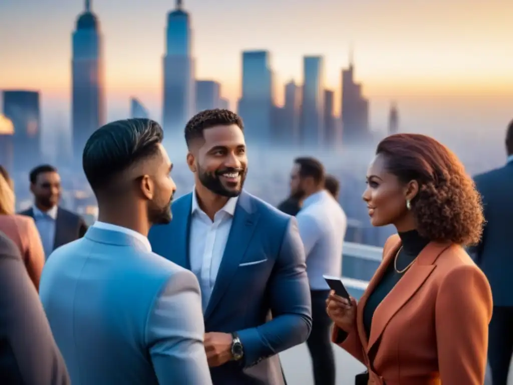 Networking global en la ciudad: profesionales en acción Una escena futurista de networking global inmobiliario en una ciudad vibrante al atardecer