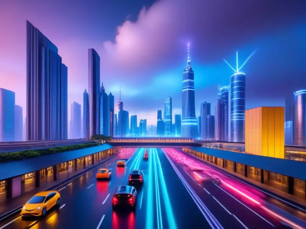 Metrópolis futurista: luces neón y tecnología IoT en acción Escena futurista de Impacto IoT mercado inmobiliario global: rascacielos interconectados con luces neón en una ciudad bulliciosa