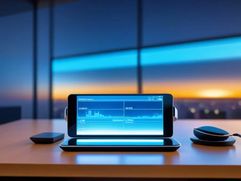 Realidad virtual futurista para due diligence inmobiliario Escena futurista de tecnología en due diligence inmobiliaria con auriculares VR iluminados en un escritorio moderno y sofisticado