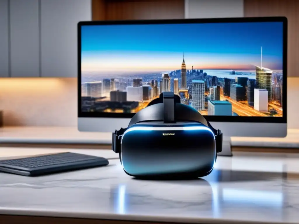 Realidad virtual en oficina sofisticada con vista urbana Escena futurista de inversión inmobiliaria con auriculares de realidad virtual en oficina de lujo con vista a la ciudad