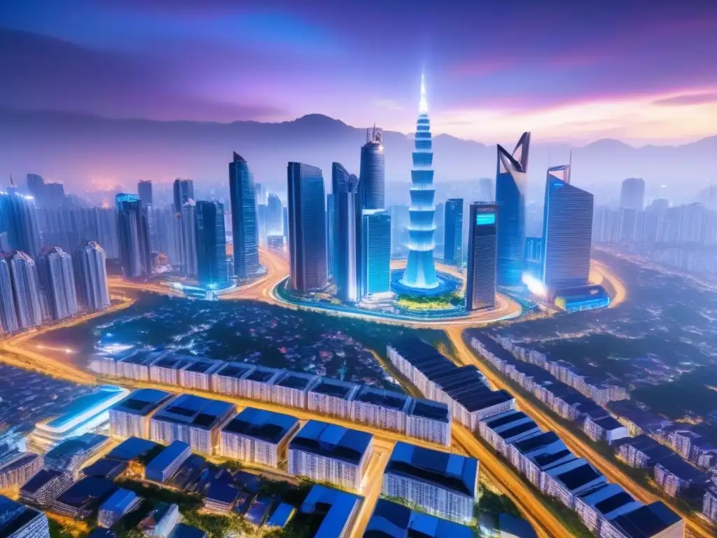 Futurismo asiático: ciudad vibrante de alta tecnología Escena futurista del mercado inmobiliario Sudeste Asiático en plena recuperación, con mezcla de rascacielos y arquitectura tradicional