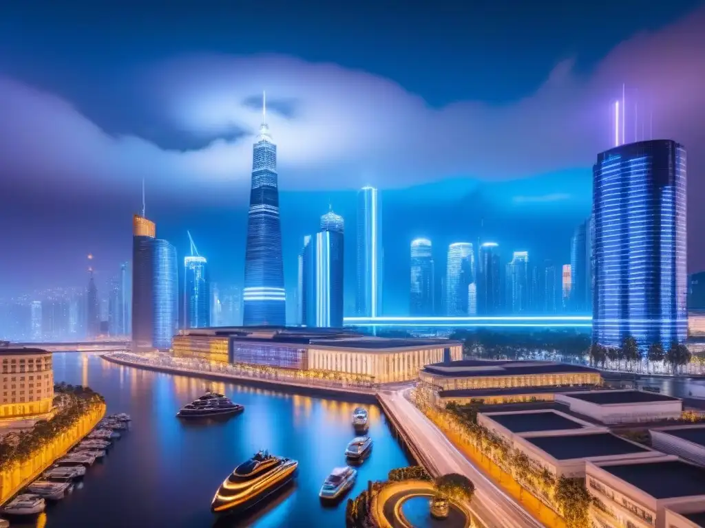 Metrópolis futurista: Real Estate y criptomonedas en AR Escena futurista nocturna: Invertir en inmuebles con criptomonedas en una ciudad iluminada por luces de neón y hologramas digitales