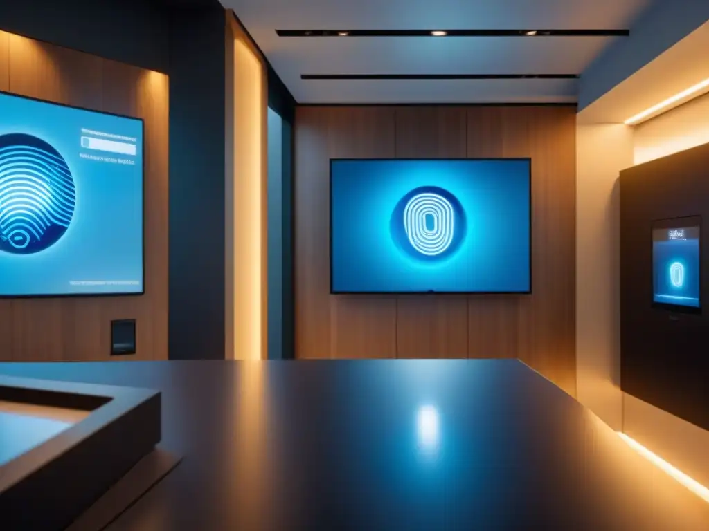 Oficina de lujo con sistema de autenticación biométrica futurista Una escena futurista en una oficina inmobiliaria de alta gama con tecnología de autenticación doble