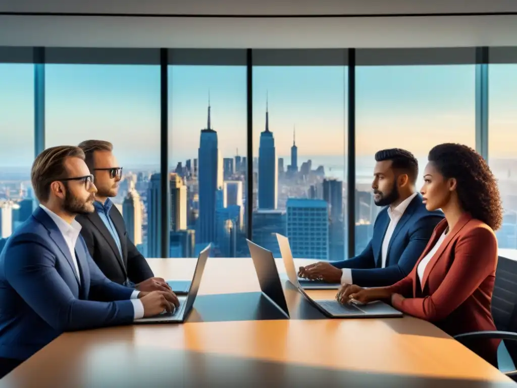 Reunión estratégica de profesionales en sala ultramoderna Una escena impactante de profesionales analizando informes de mercado en una sala moderna con vistas a la ciudad