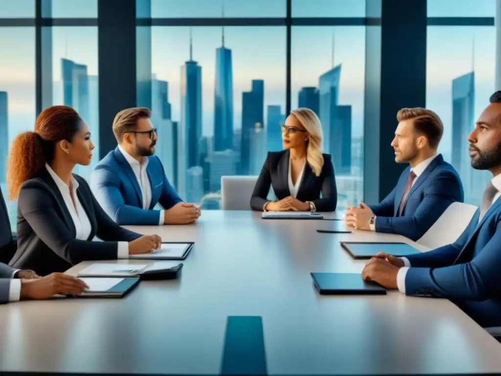 Profesionales en discusión legal en oficina moderna Una escena impactante de profesionales debatiendo en una oficina moderna, representando las disputas legales en inversiones inmobiliarias