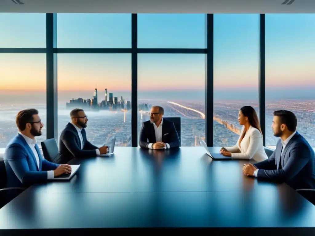 Inversores globales en mesa de reuniones futurista Una escena impresionante de inversión inmobiliaria global fraccionada en una oficina moderna de ciudad