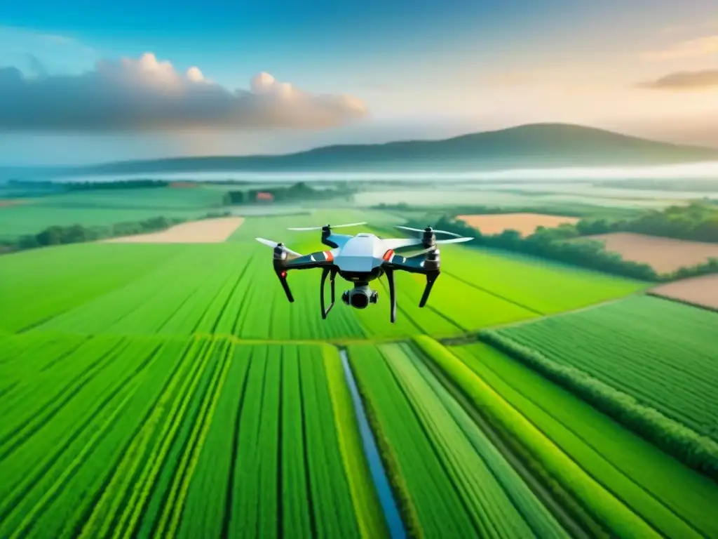 Drone agrícola de alta tecnología sobre campos verdes Una escena innovadora: dron agrícola de alta tecnología sobrevolando campos verdes en entorno rural