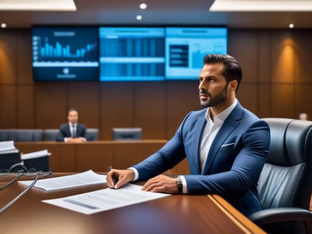 Escena judicial de alta tecnología en disputa de propiedades Escena legal en sala moderna con abogados presentando argumentos ante juez, rodeados de tecnología y documentos legales