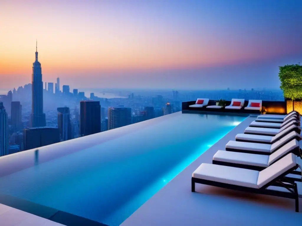 Piscina infinita de lujo con vista a la ciudad al atardecer Escena de lujo en complejo residencial con piscina infinita en azotea y vista urbana al atardecer