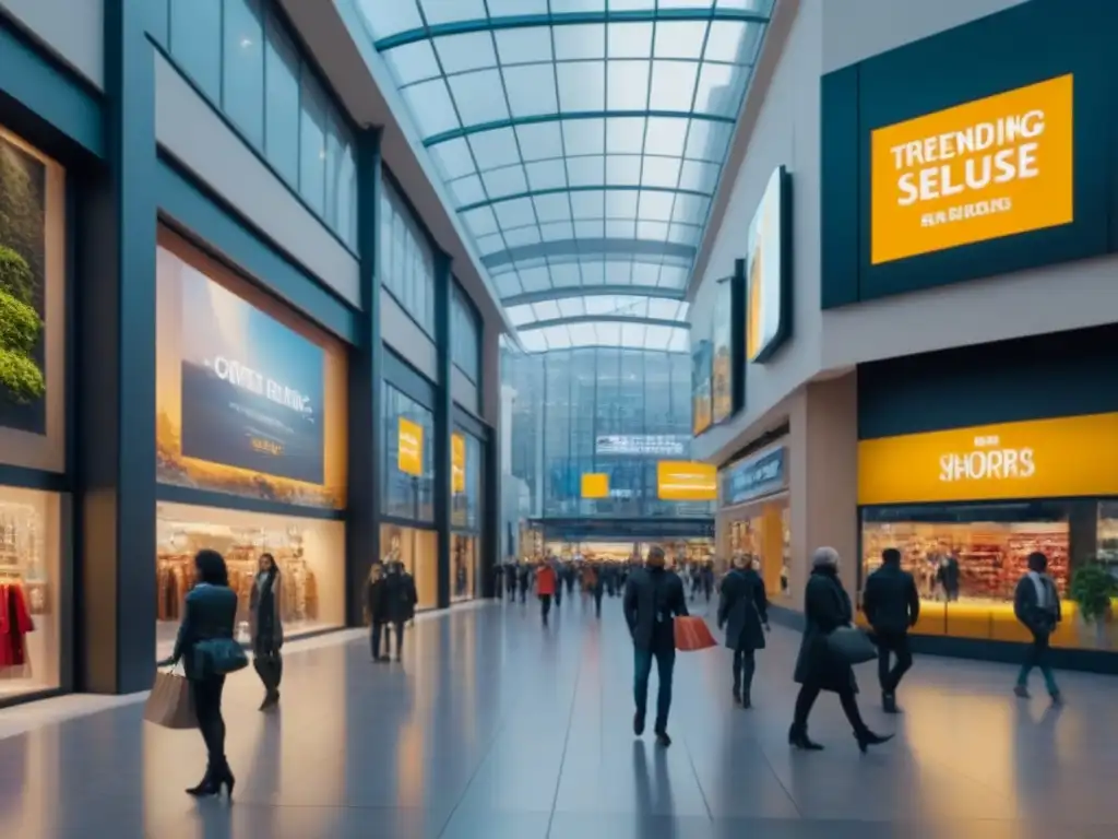 Centro comercial de lujo con shopper diverso en ambiente moderno Escena lujosa y emocionante de un centro comercial moderno lleno de compradores diversos, transmitiendo mejoras rentables en centros comerciales