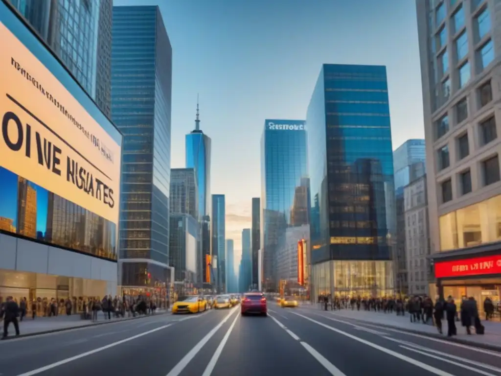 Escena vibrante de mercado inmobiliario en ciudad moderna Escena de marketing local para mercado inmobiliario en bulliciosa calle de la ciudad, con edificios modernos y compradores emocionados