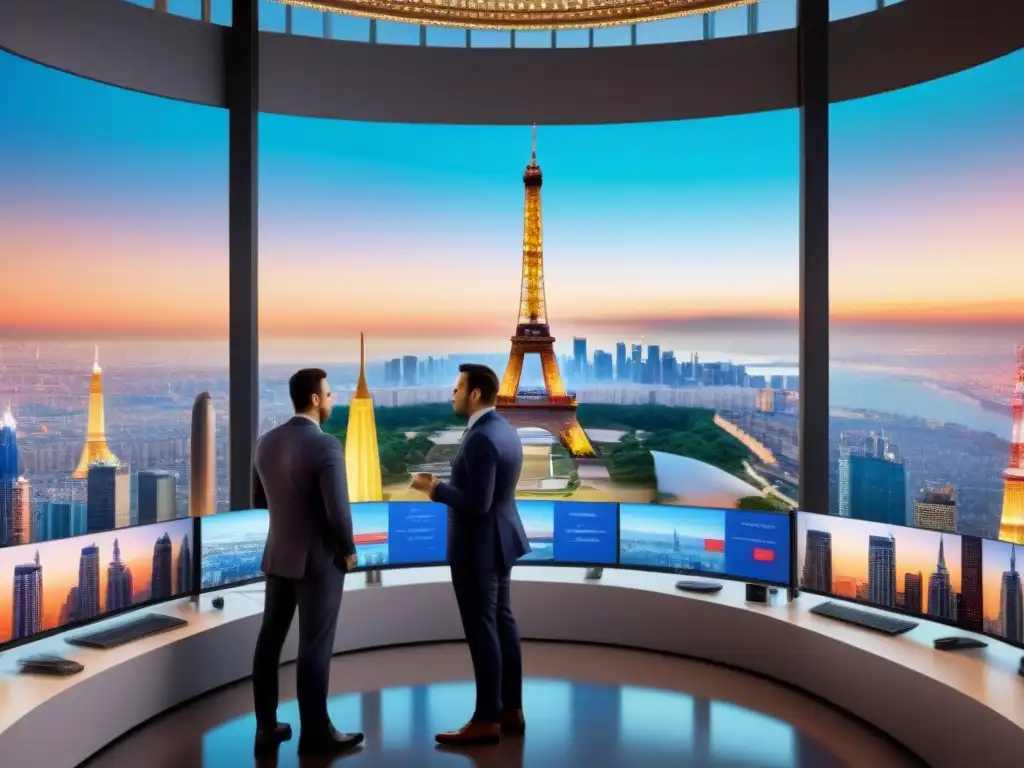 Escena global inmobiliaria: diversidad y tecnología ante íconos mundiales Escena de mercado inmobiliario global con regulaciones fiscales, inversores y arquitectura icónica