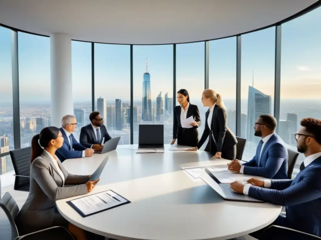 Profesionales globales discuten inversiones inmobiliarias Una escena profesional y colaborativa de ejecutivos discutiendo documentación legal de inversiones inmobiliarias internacionales