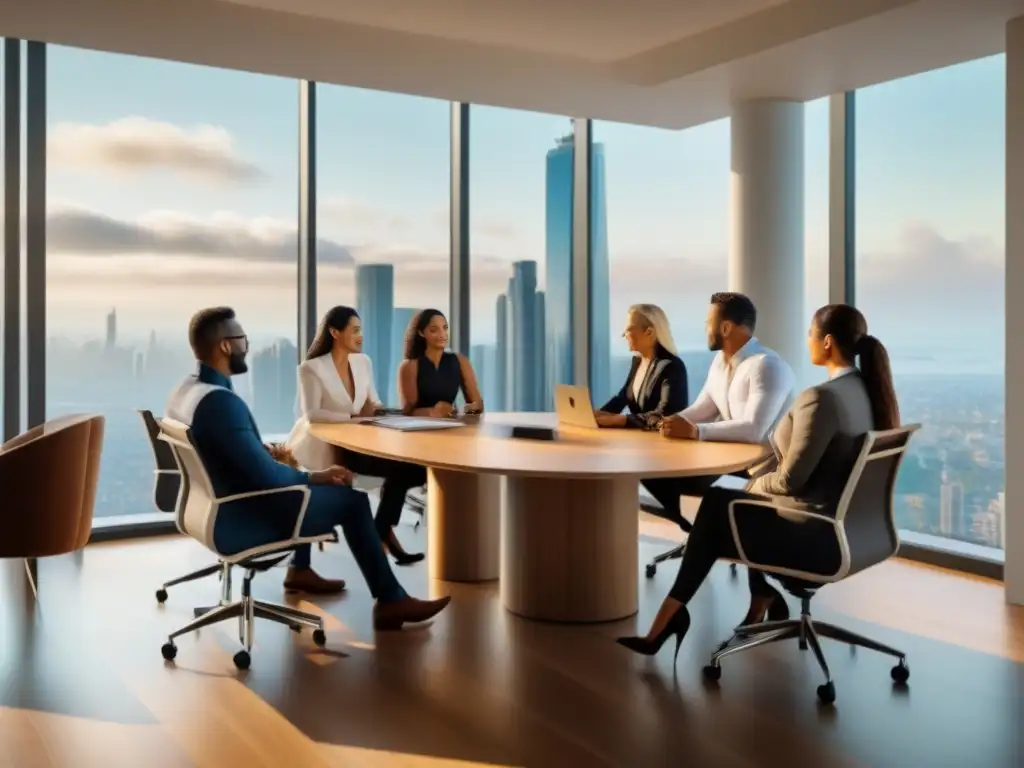 Reunión profesional sobre inversiones en tiempos compartidos Una escena profesional y colaborativa en una sala con vista a la ciudad