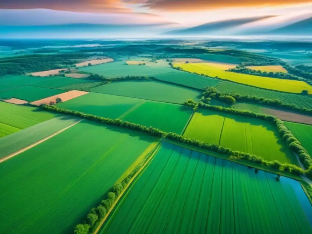 Vistas aéreas impresionantes de granjas rurales en América del Norte Escena rural idílica en Norteamérica: vastos campos verdes divididos por ríos y carreteras, con graneros rojos tradicionales