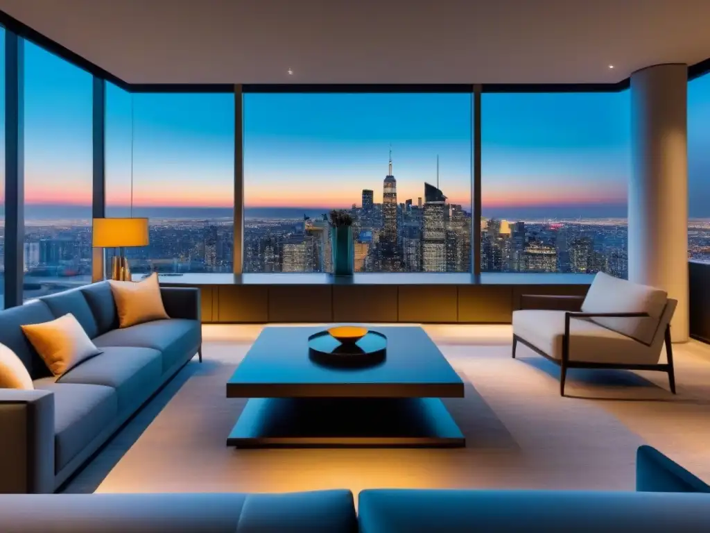 Salón de lujo en rascacielos con vistas a la ciudad al atardecer Escena de sala moderna en un lujoso rascacielos con vista a la ciudad al atardecer