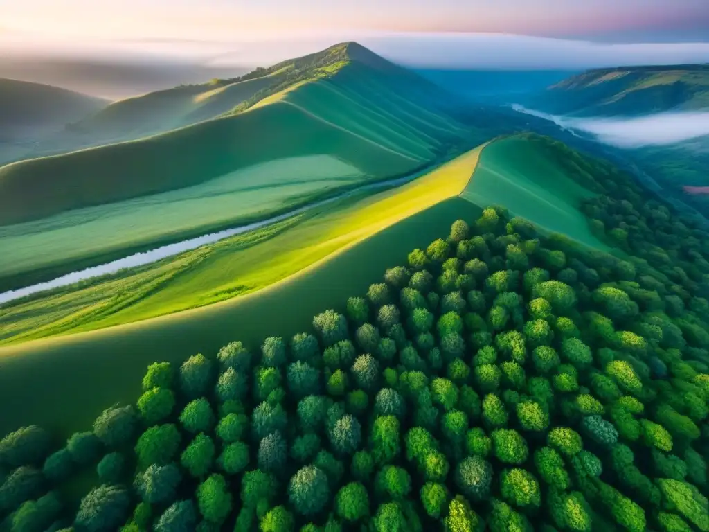 Paraíso natural: Atardecer en paisaje virgen Escena serena de colinas verdes y río, bañada por la cálida luz del atardecer