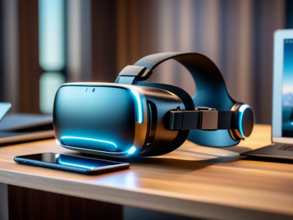 Realidad virtual en inversión inmobiliaria internacional: lujo y tecnología Escena sofisticada de inversión inmobiliaria internacional con realidad virtual en lujoso escritorio de madera y tecnología futurista