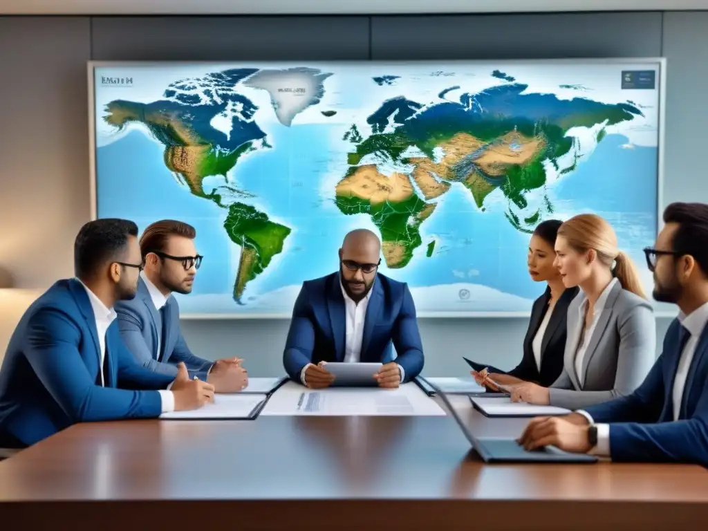 Reunión de negocios internacionales en ambiente moderno Una escena sofisticada de colaboración y gestión global de propiedades, con profesionales en una reunión sobre herencia propiedades extranjero legal