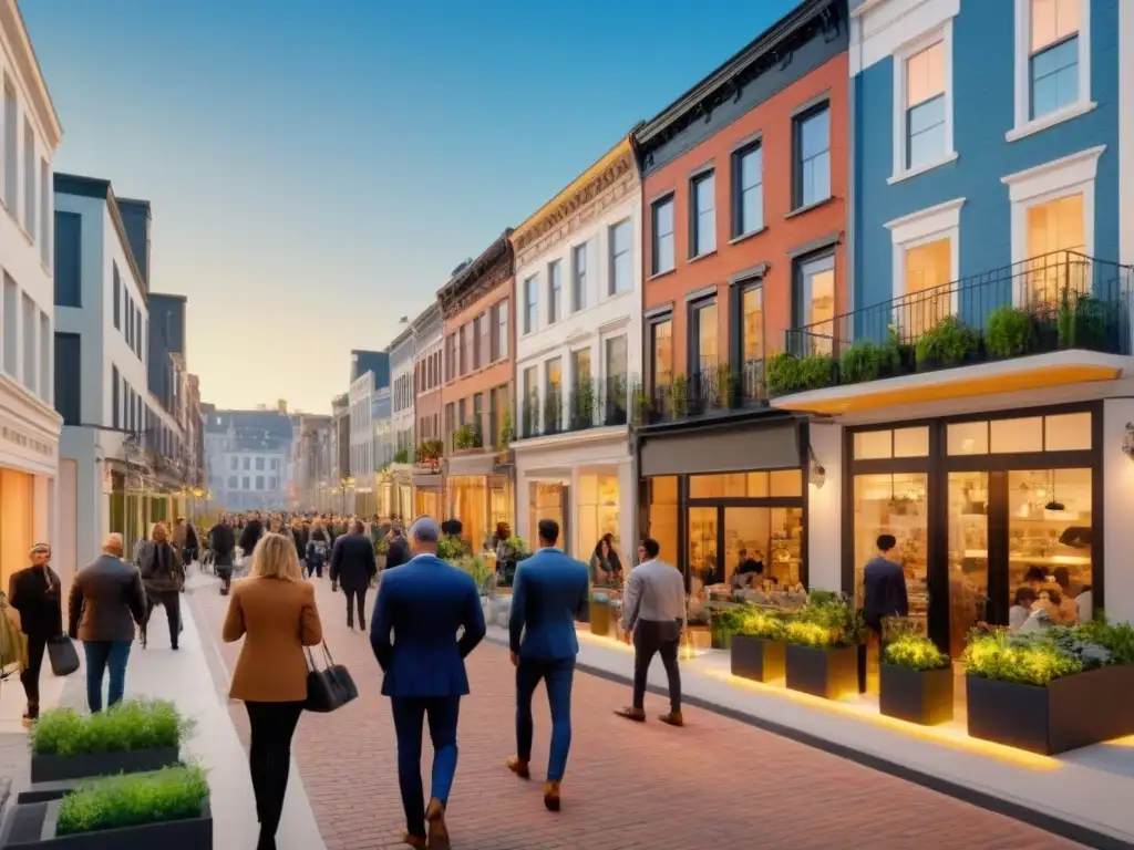 Vida urbana vibrante: townhouses modernos y diversidad en la ciudad Escena urbana animada con arquitectura moderna y gente diversa, reflejando el mercado inmobiliario internacional reactivado
