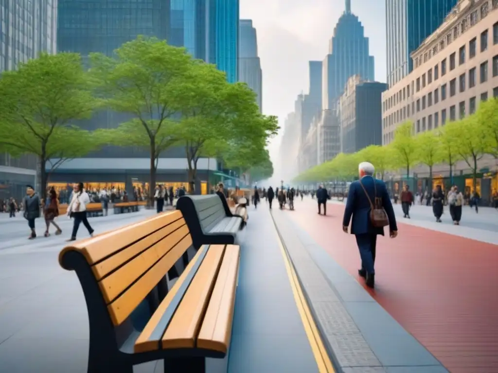 Intersección urbana: diversidad generacional y planificación estratégica Escena urbana con bancos estratégicos, accesos y transporte público, reflejando impacto en demanda de ubicaciones estratégicas