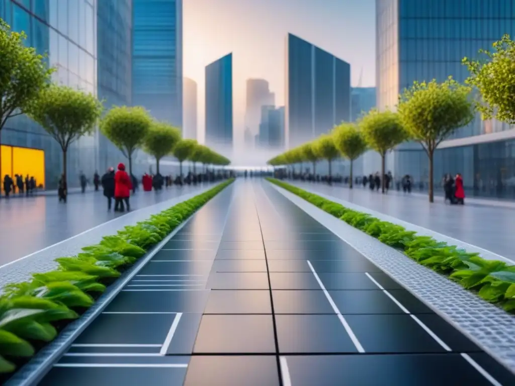 Escena urbana futurista con tecnología verde y energía renovable Escena urbana futurista con pisos generadores de energía sostenible y edificios ecológicos