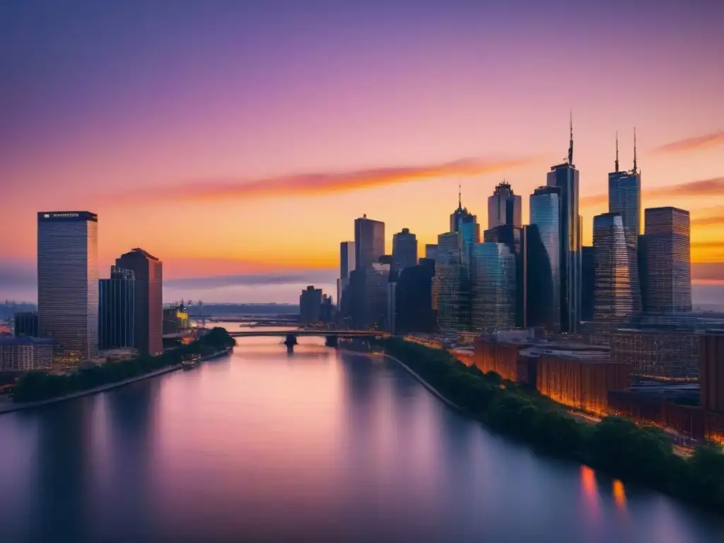 Skyline moderno al atardecer en ciudad norteamericana Escena urbana moderna al anochecer con rascacielos iluminados en Norteamérica