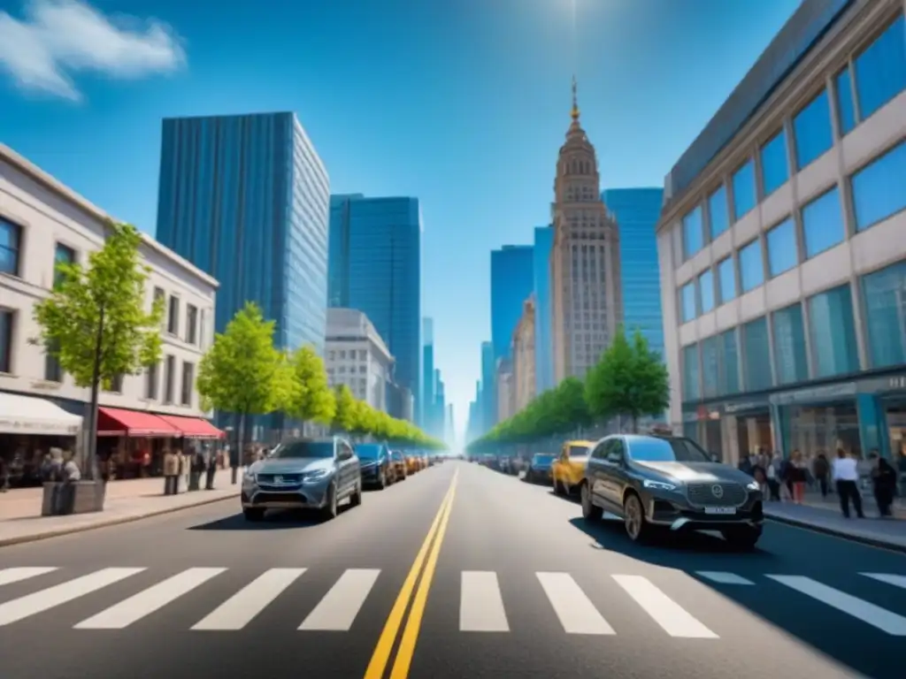 Oficinas inmobiliarias modernas en una bulliciosa calle de la ciudad Escena urbana con oficinas inmobiliarias modernas y agentes profesionales interactuando con clientes potenciales bajo un cielo azul brillante