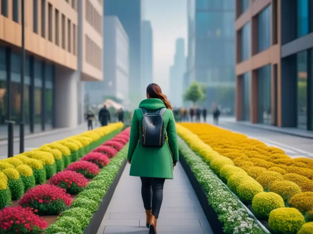 City street eco-sostenible: edificios verdes y transporte limpio Escena urbana sostenible con edificios ecofriendly, jardines en azoteas, paneles solares y transporte verde