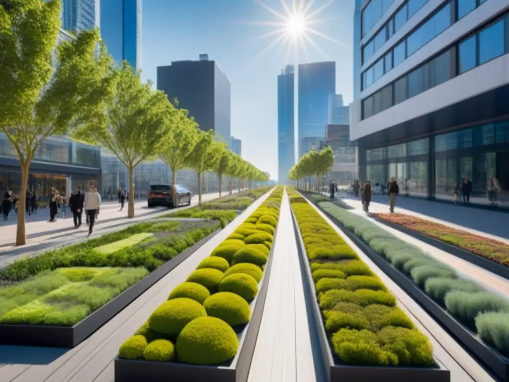 Metrópolis sostenible del futuro: armonía urbana verde Escena urbana sostenible con edificios futuristas, paneles solares y jardines verticales
