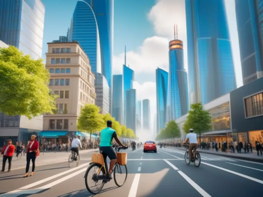 Metrópolis sostenible del futuro: innovación urbana ecoamigable Escena urbana sostenible con rascacielos futuristas, áreas verdes y personas realizando actividades ecofriendly