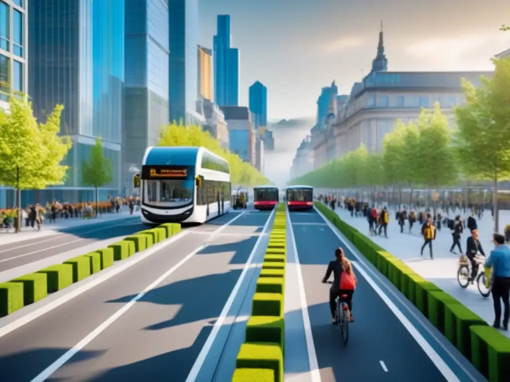 Sostenibilidad urbana: transporte eco en la ciudad moderna Escena urbana sostenible con transporte y edificios verdes