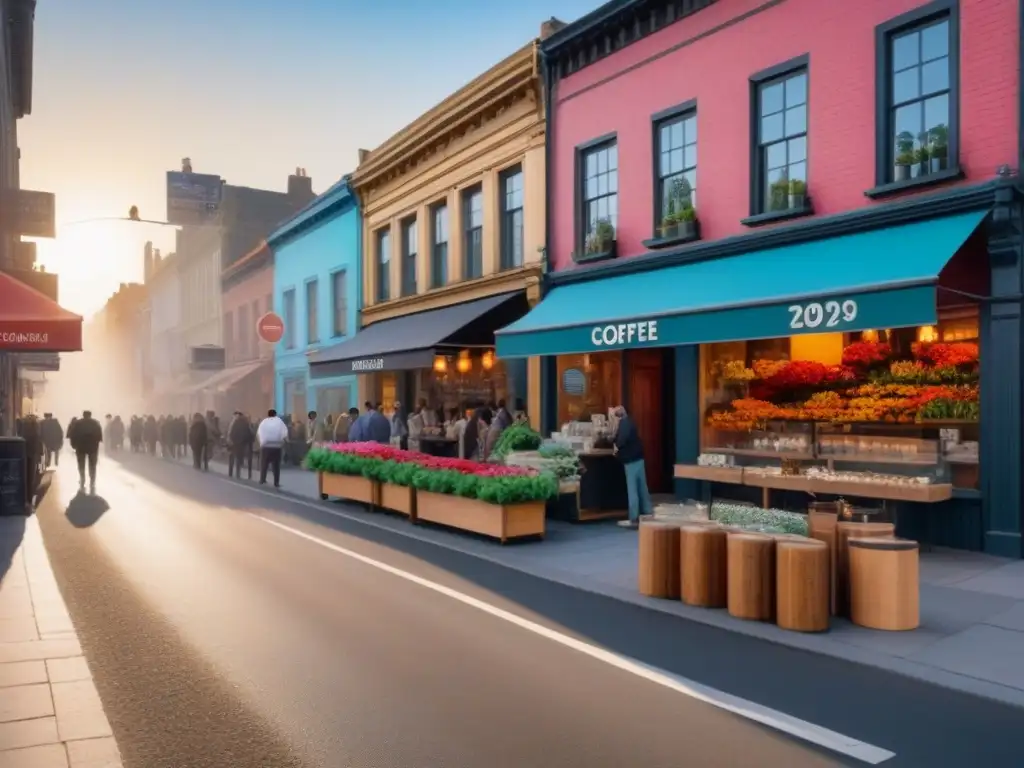 Calidez urbana: cafetería, mercado de flores y arte callejero Escena urbana vibrante con pequeños negocios diversos y mezcla de arquitectura antigua y moderna
