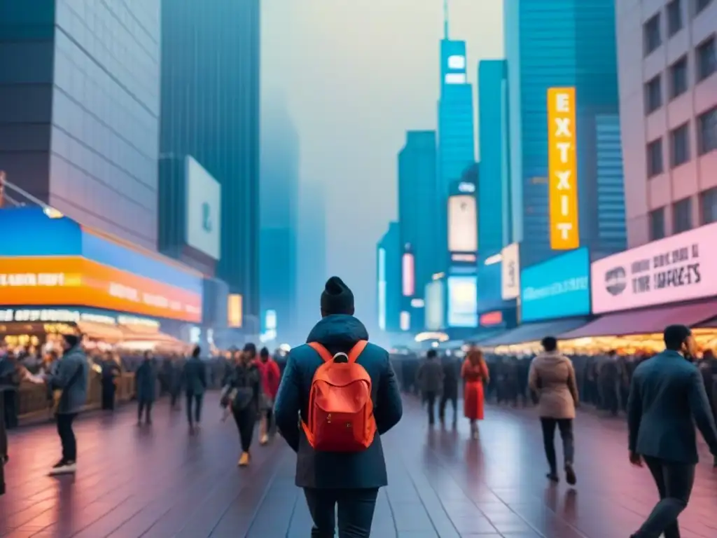 Metrópolis vibrante al anochecer: éxito en el mercado internacional Escena urbana vibrante con rascacielos iluminados y gente diversa en una bulliciosa calle