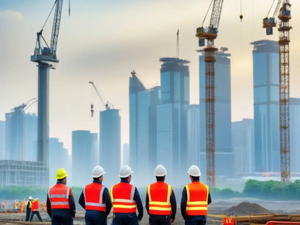 Escena de construcción internacional segura y dinámica | 8k Una escena vibrante de un bullicioso sitio de construcción internacional, resaltando la seguridad y la inversión inmobiliaria internacional