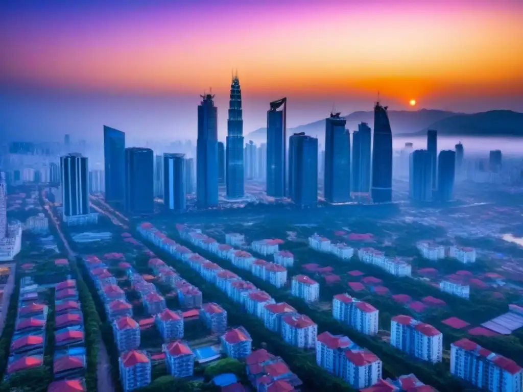 Oportunidades inmobiliarias en ciudad en desarrollo al atardecer Escena vibrante de una ciudad en desarrollo con políticas de vivienda mercado inmobiliario, gente diversa y atardecer cálido