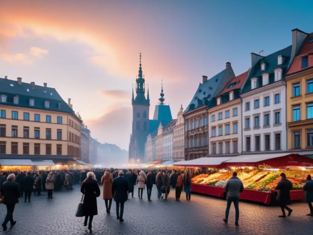 Mercado callejero en ciudad del Este de Europa: historia y modernidad Escena vibrante de una ciudad en Europa del Este con mercado callejero y rascacielos futuristas al atardecer