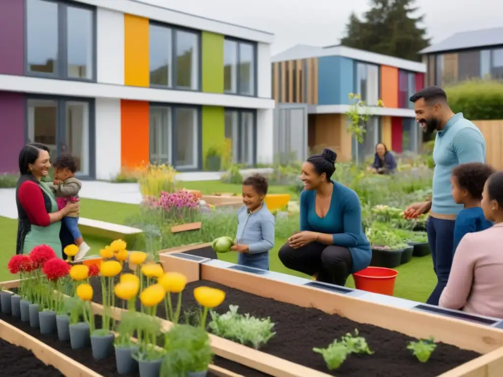 Comunidad inclusiva en jardín de cohousing Una escena vibrante de familias diversas disfrutando de actividades comunitarias en un moderno espacio de cohousing