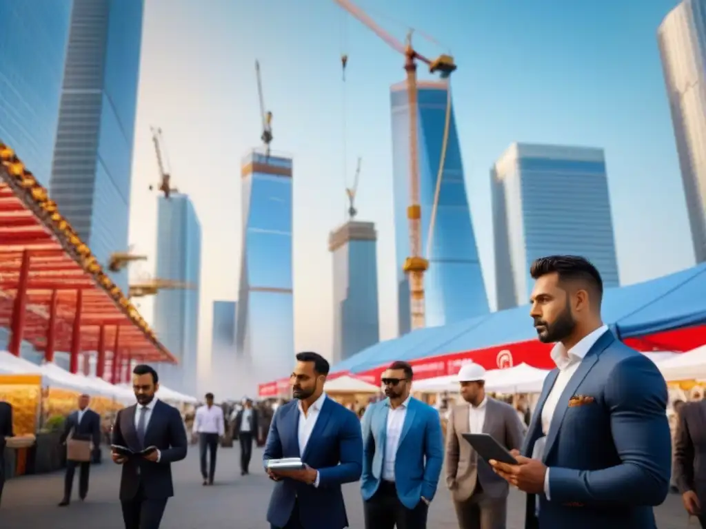 Mercado inmobiliario global: inversores analizan oportunidades Escena vibrante de inversiones inmobiliarias internacionales: casos destacados, con rascacielos y inversores analizando datos