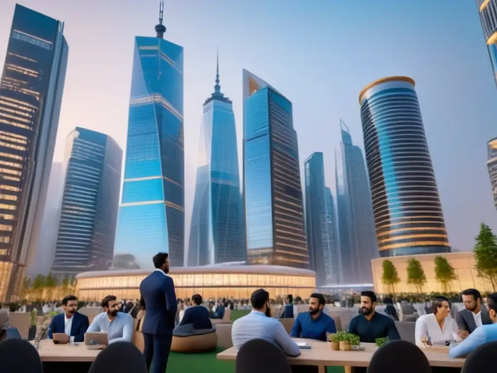 Inversores globales en mercado inmobiliario con tecnología Una escena vibrante de inversores en un mercado inmobiliario internacional, con icónicos rascacielos de ciudades como Nueva York y Tokio iluminados