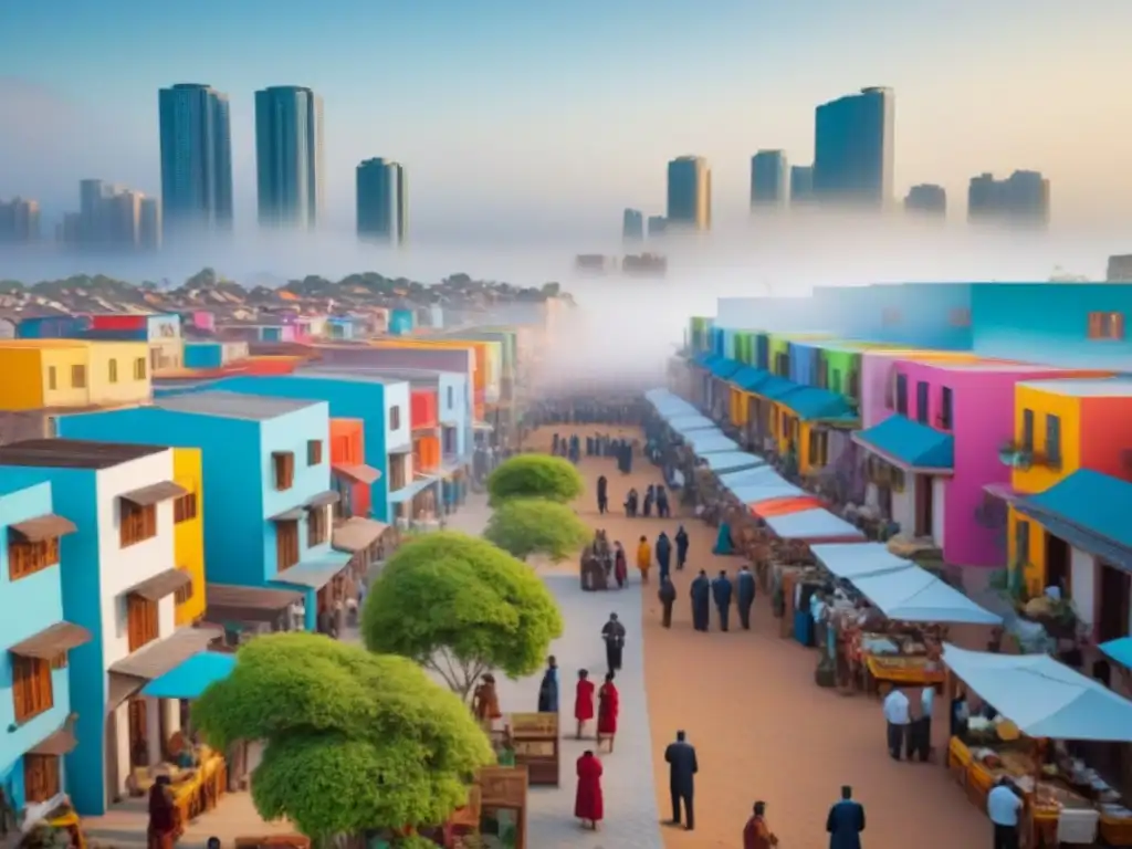 Mercado vibrante: diversidad y vivienda asequible en ciudad en desarrollo Una escena vibrante de un mercado en una ciudad en desarrollo, donde se exhiben modelos de vivienda asequible