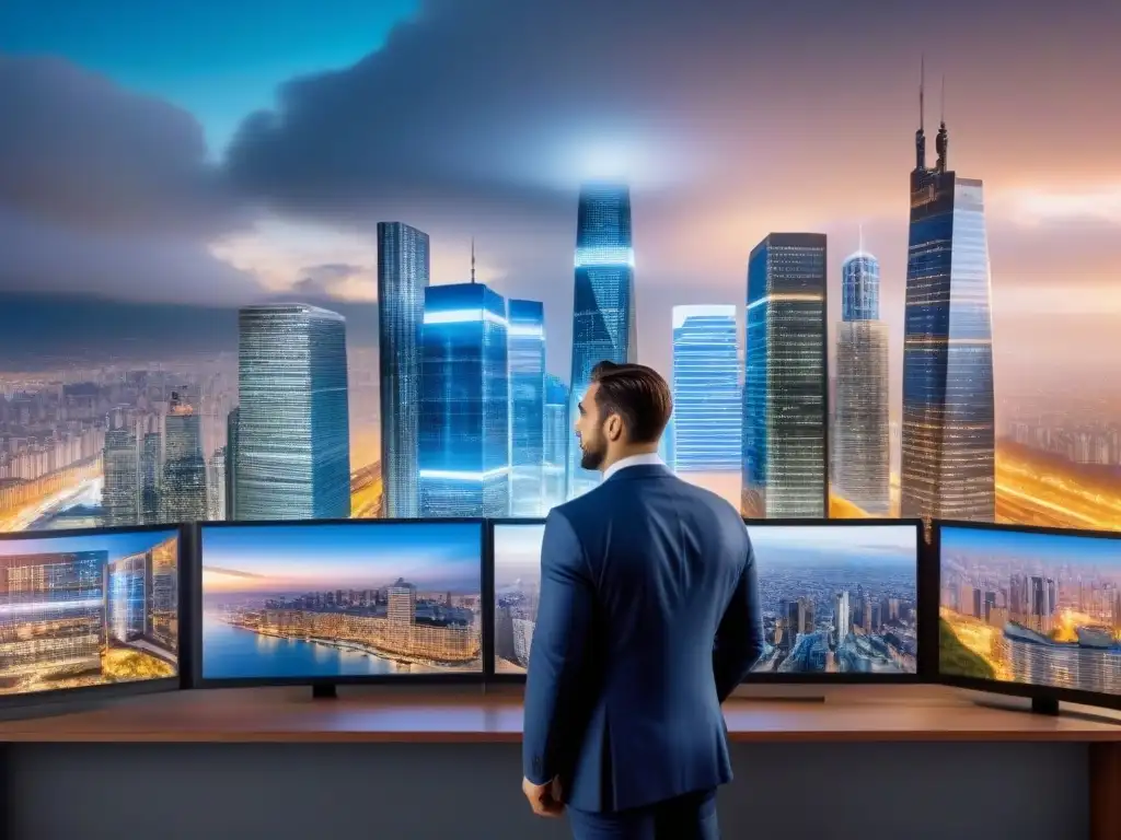 Mercado inmobiliario internacional: escena urbana en 8k Escena vibrante del mercado inmobiliario internacional durante inflación en una gran ciudad, con rascacielos y gente variada realizando transacciones
